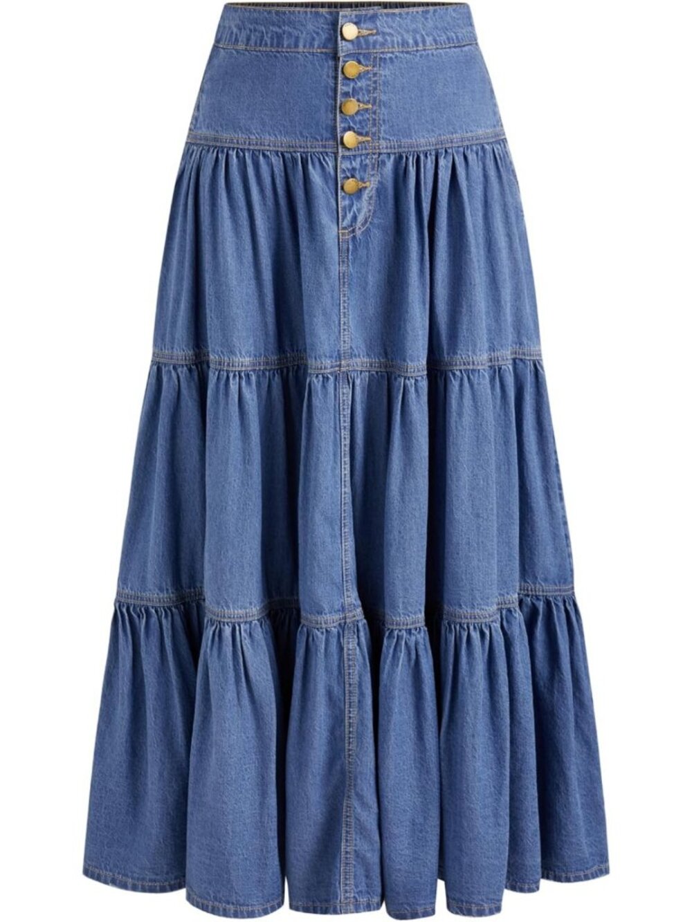 Chic Women's Long Denim Tiered Maxi Skirt with High Waist & Button Detail